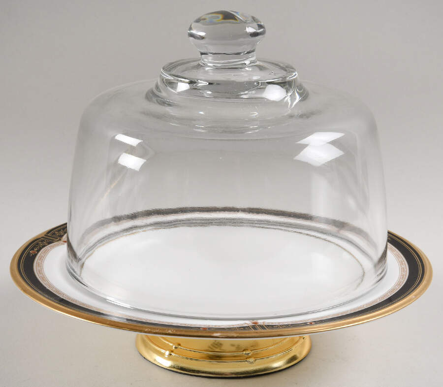 Gold and Sable 6 1/2"-7 1/2" Footed Cheese Plate w/ Glass Dome HC by Noritake-1