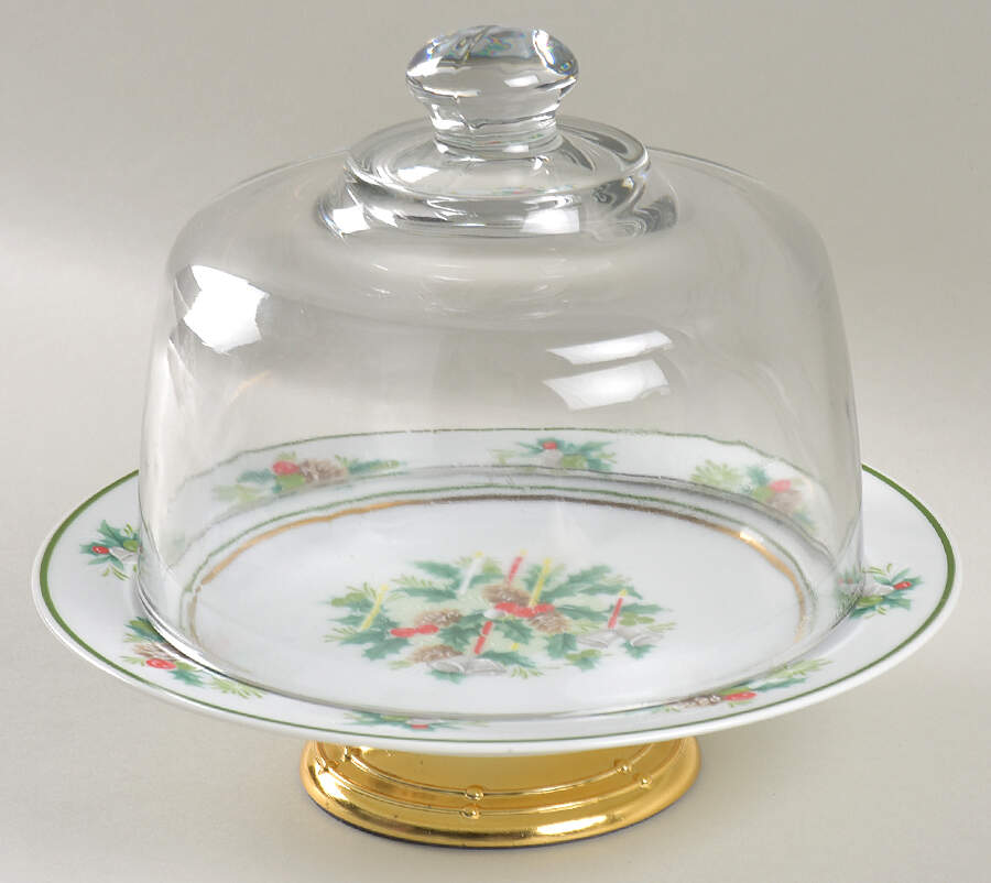 Holly 6 1/2"-7 1/2" Footed Cheese Plate w/ Glass Dome HC by Noritake-1