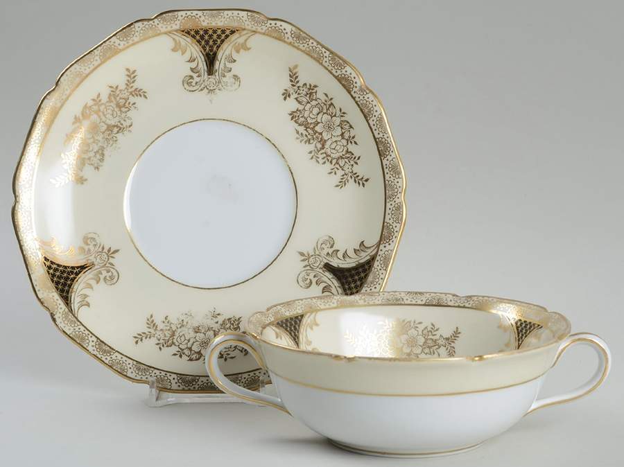 Kenwood (Black, Scalloped) Footed Cream Soup Bowl & Saucer Set by Noritake-1