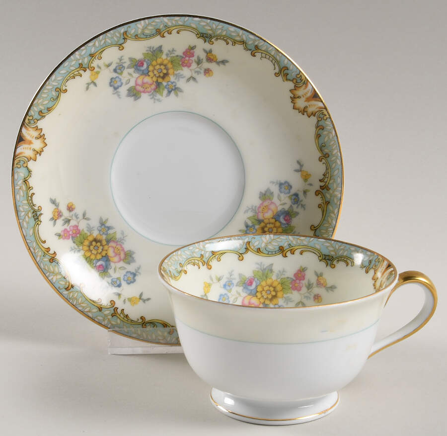 Lanare (Green Inner Ring) Footed Cup & Saucer Set by Noritake-1