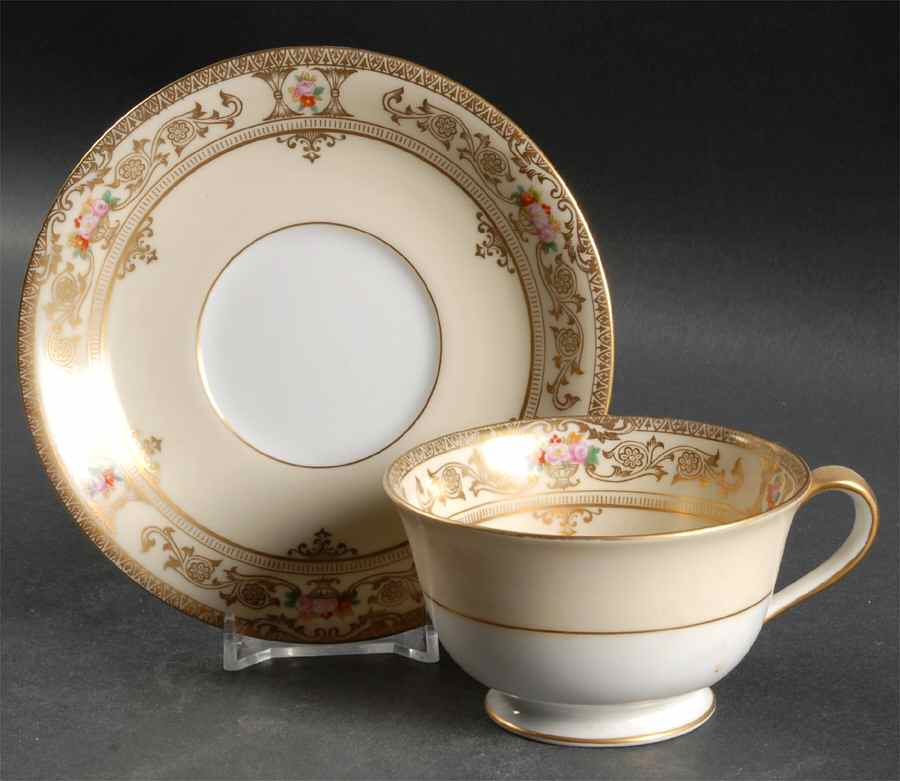 Laurel (Cream Border, Flowers) Footed Cup & Saucer Set by Noritake-1