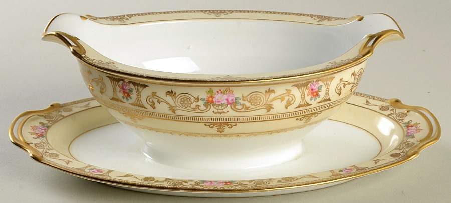 Laurel (Cream Border, Flowers) Gravy Boat with Attached Underplate by Noritake-1
