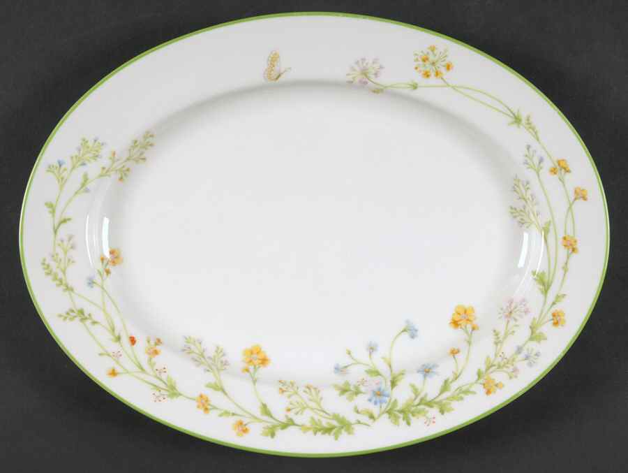 Reverie (Green Trim) 11" Oval Serving Platter by Noritake-1
