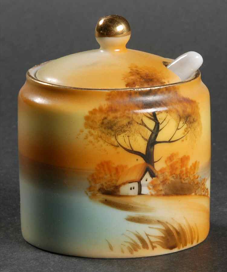 Tree In The Meadow Mustard Condiment with Lid and Spoon by Noritake-1