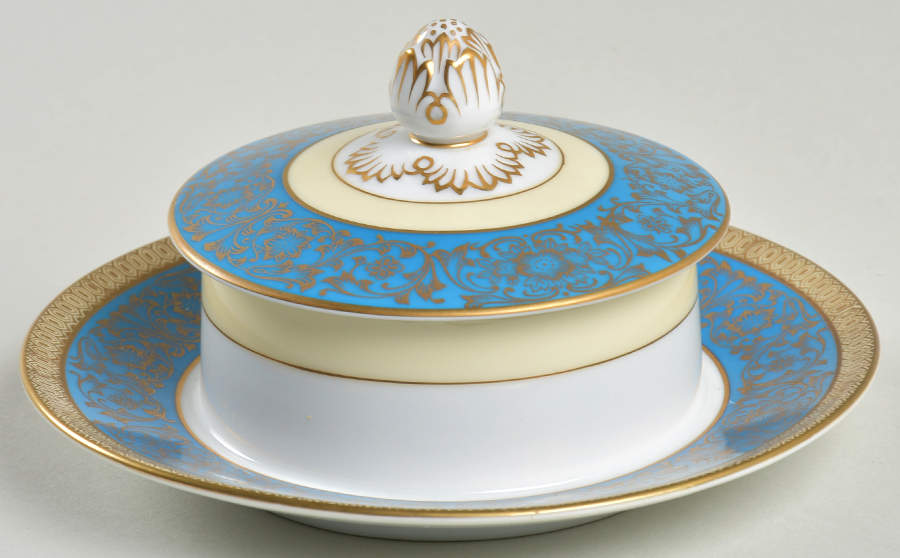 Vornay Blue Round Covered Butter with Attached Underplate by Noritake-1