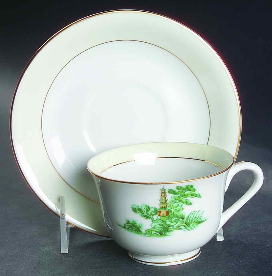 Oriental Green Footed Cup & Saucer Set by Narumi-1