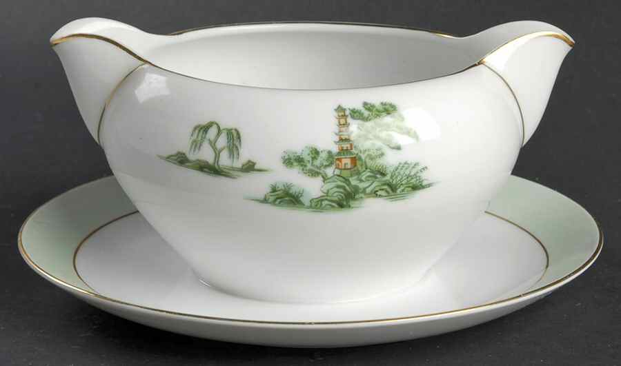 Oriental Green Gravy Boat with Attached Underplate by Narumi-1