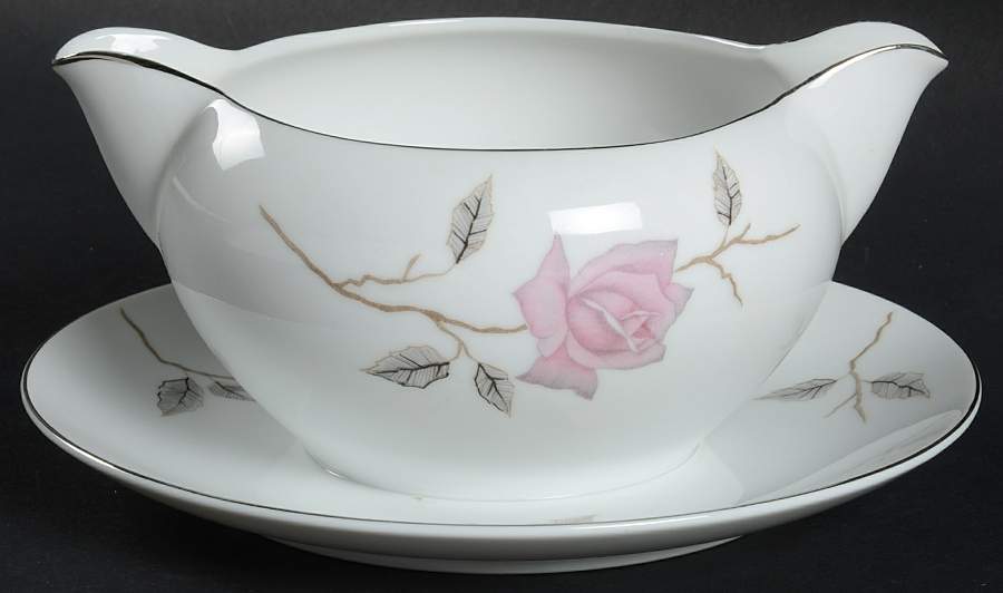 Dawn Rose Gravy Boat with Attached Underplate by Nasco (Japan)-1