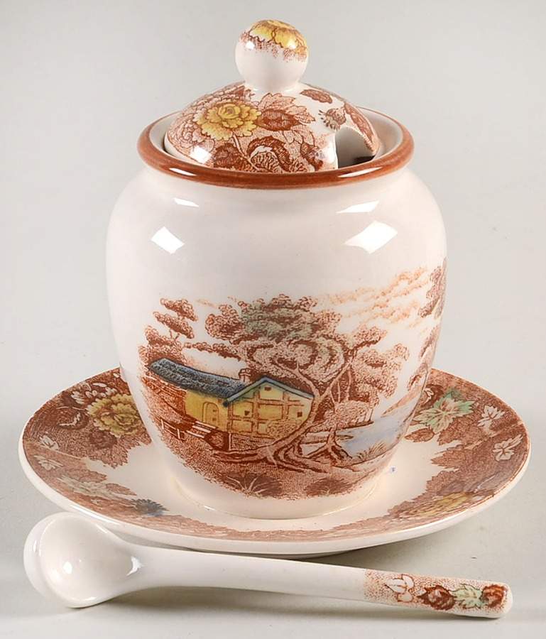 Mountain Woodland Jam/Jelly & Lid, Ladle & Underplate by Nasco (Japan)-1