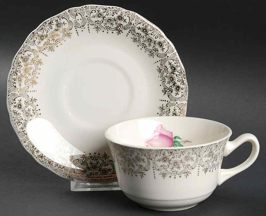 Queens Rose (Gold Filigree) Flat Cup & Saucer Set by Nasco (Japan)-1