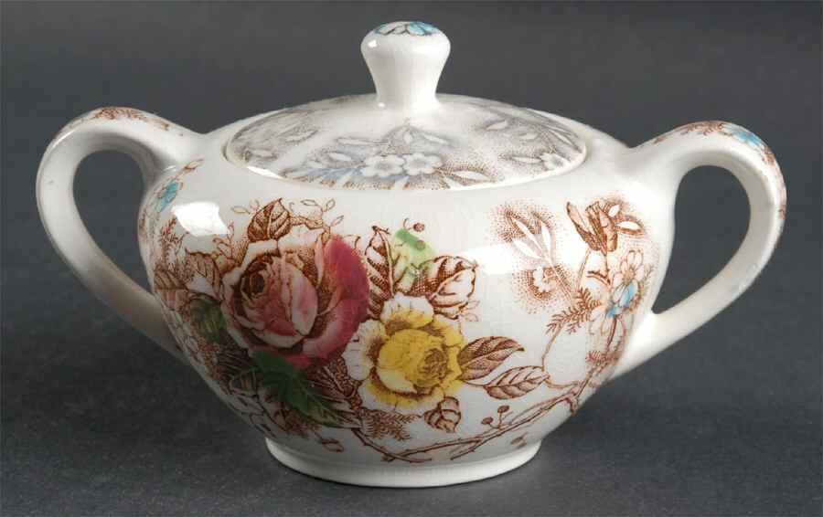 Rose Arbor Brown Multicolor Sugar Bowl & Lid by Nasco (Japan)-1