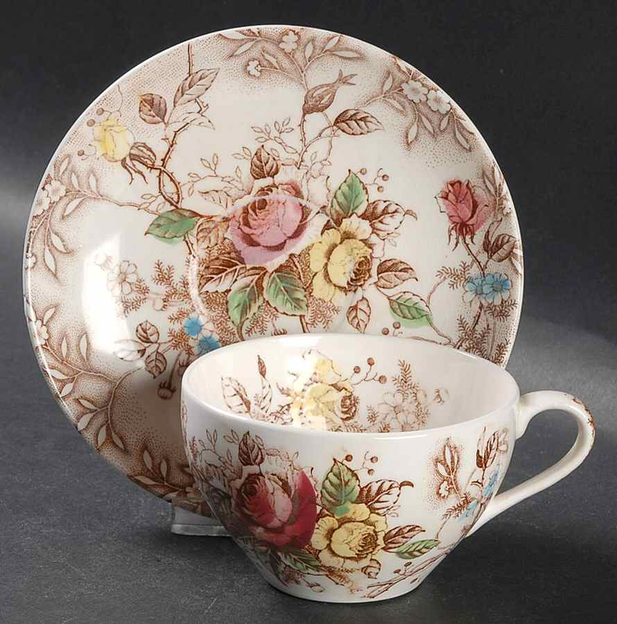 Rose Arbor Brown Multicolor Flat Cup & Saucer Set by Nasco (Japan)-1