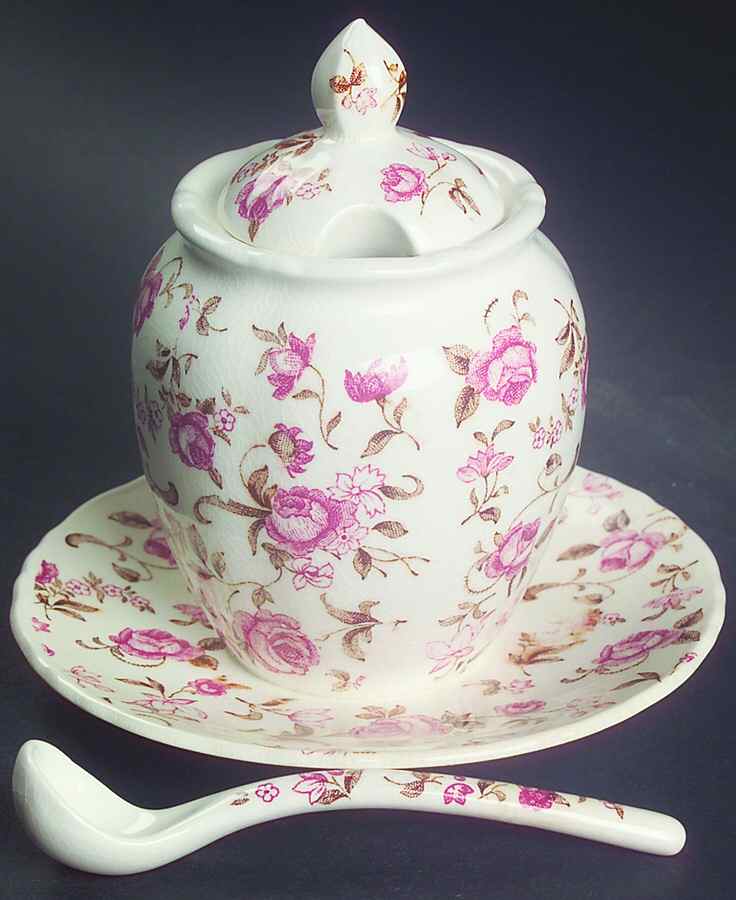 Rose Garden Jam/Jelly & Lid w/Attached Underplate & Spoon by Nasco (Japan)-1