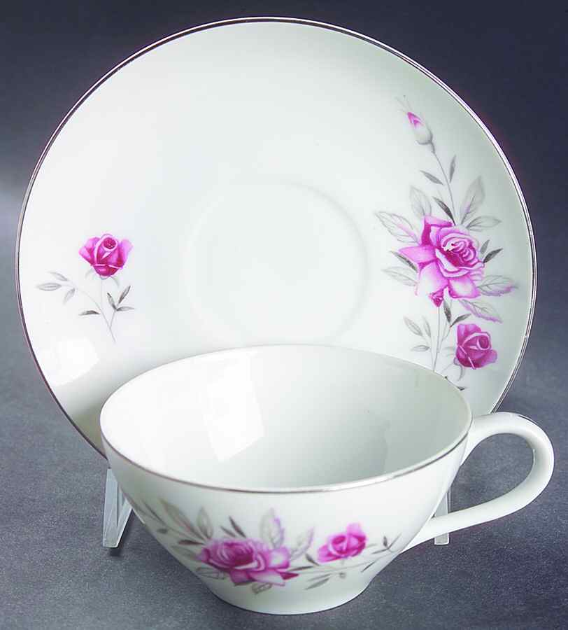 Wild Rose (Platinum Trim) Flat Cup & Saucer Set by Nasco (Japan)-1
