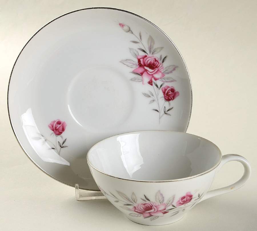 Wild Rose (Platinum Trim) Flat Cup & Saucer Set by Nasco (Japan)-1