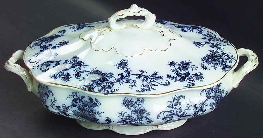 Dunbarton (Flow Blue) Oval Covered Vegetable by New Wharf-1