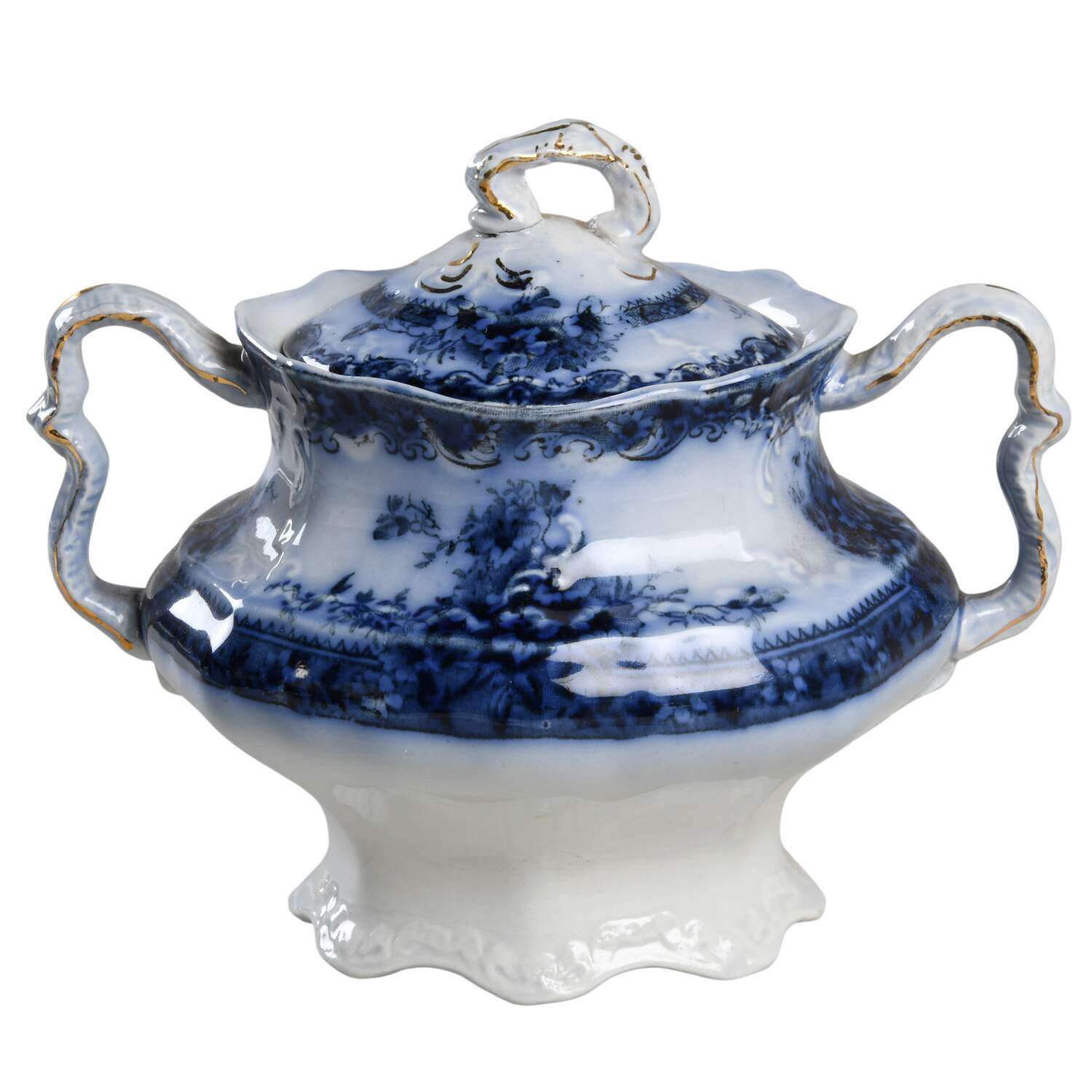 Plymouth (Flow Blue) Sugar Bowl & Lid by New Wharf-1