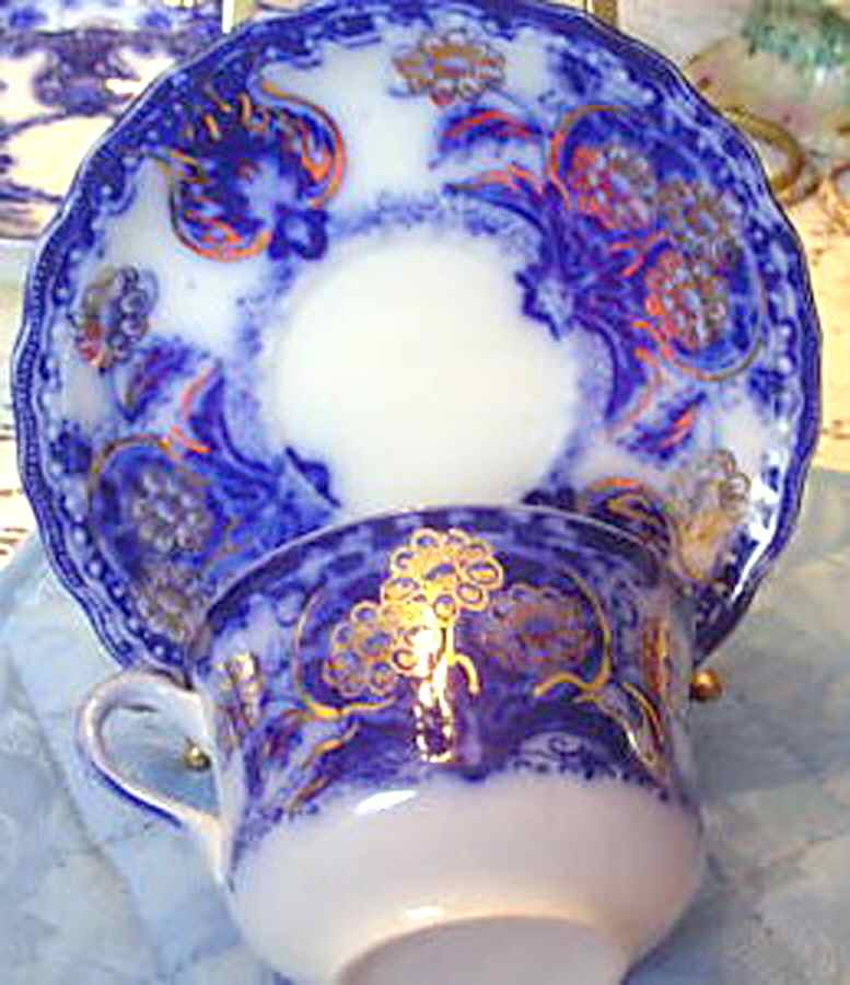 Seville (Flow Blue) Flat Cup & Saucer Set by New Wharf-1