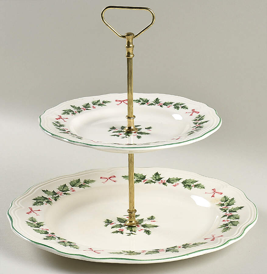 Festive Holly 2 Tiered Serving Tray (Dinner & Salad Plate) by Nikko-1