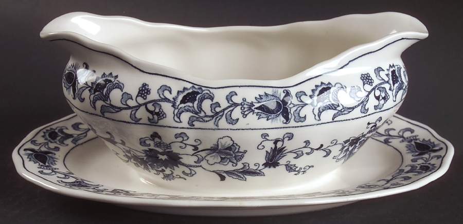 Ming Tree Blue (Double Phoenix Backstamp) Gravy Boat with Attached Underplate by Nikko-1