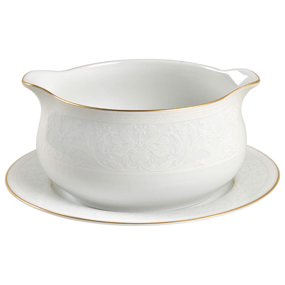 White Lace Gold Round Gravy Boat & Bread and Butter Stand by Nikko-1