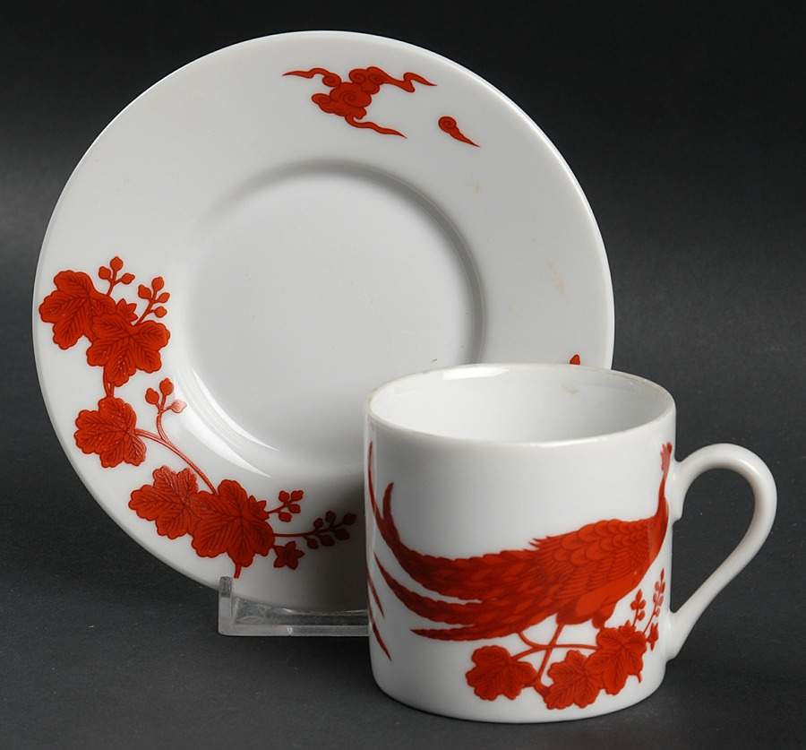 Red Peking Peacock Flat Demitasse Cup & Saucer Set by Neiman Marcus-1