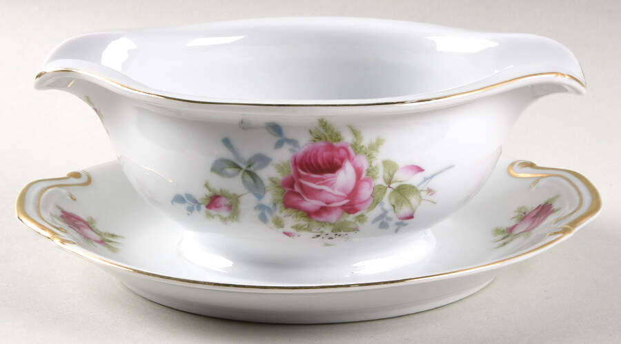 Dresden Rose Gravy Boat with Attached Underplate by Norcrest-1