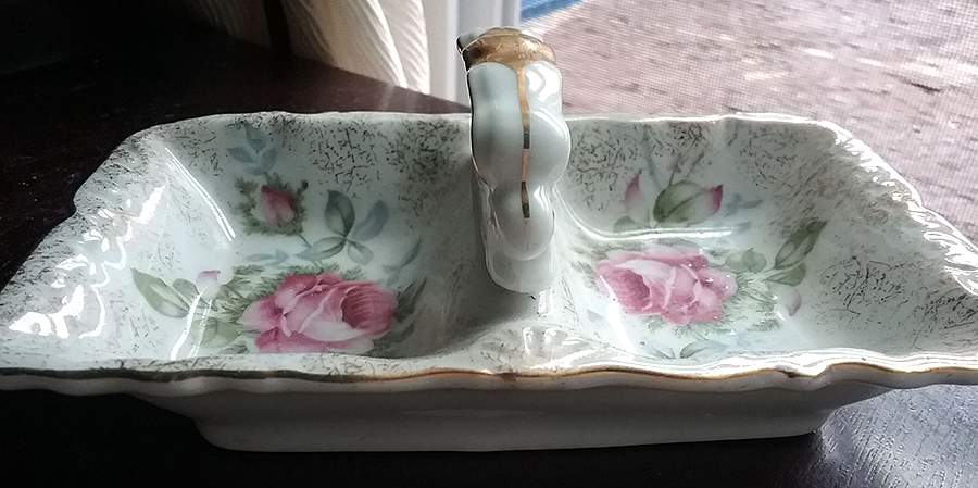 Dresden Rose Center Handle 2-Part Candy Dish by Norcrest-1