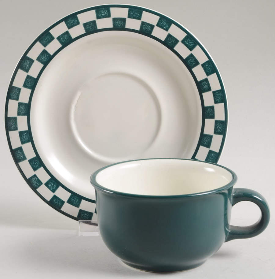 Checks Evergreen Flat Cup & Saucer Set by Nancy Calhoun-1