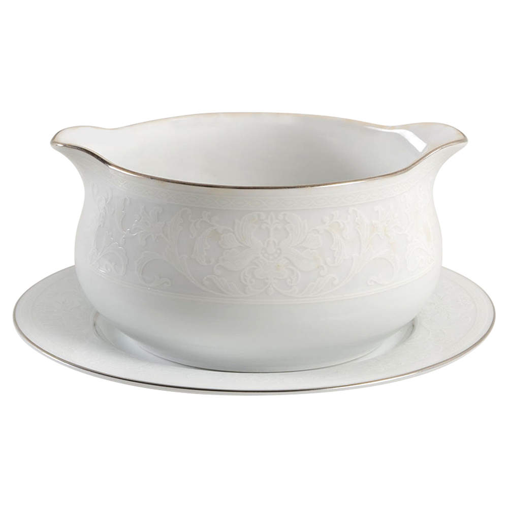 White Lace Platinum Round Gravy Boat & Bread and Butter Stand by Nikko-1