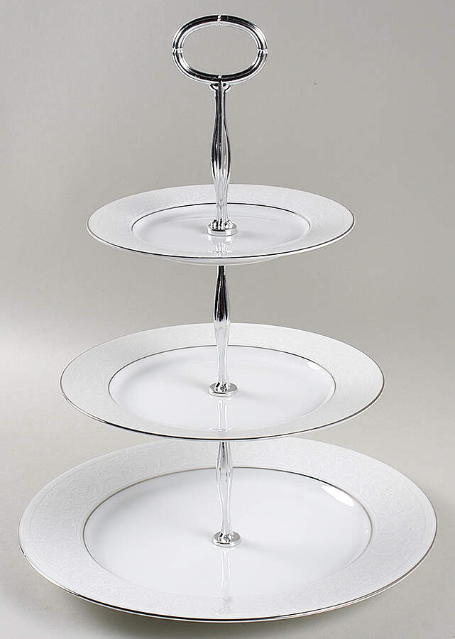 White Lace Platinum 13 7/8"-14 1/4" 3-Tiered Serving Tray(DP,SP,BB) HC by Nikko-1