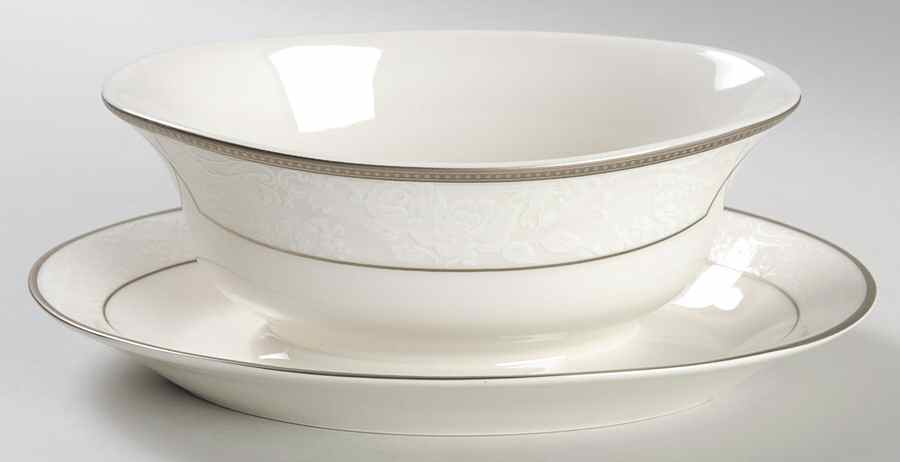 Vintage Lace Platinum Gravy Boat with Attached Underplate by Nikko-1