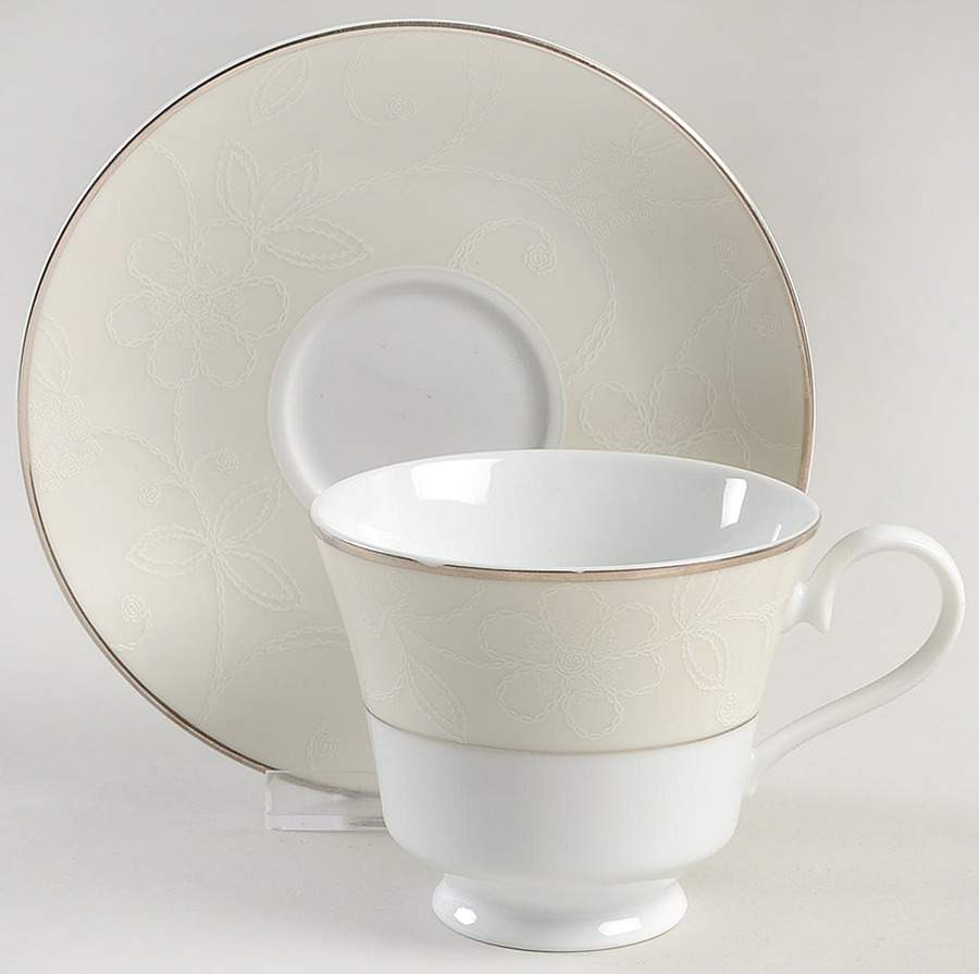 White Linen Footed Cup & Saucer Set by Nikko-1