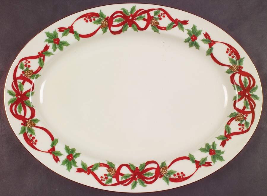 12 Days of Christmas (Red Ribbons, Gold Trim) 14" Oval Serving Platter by Noble Excellence-1