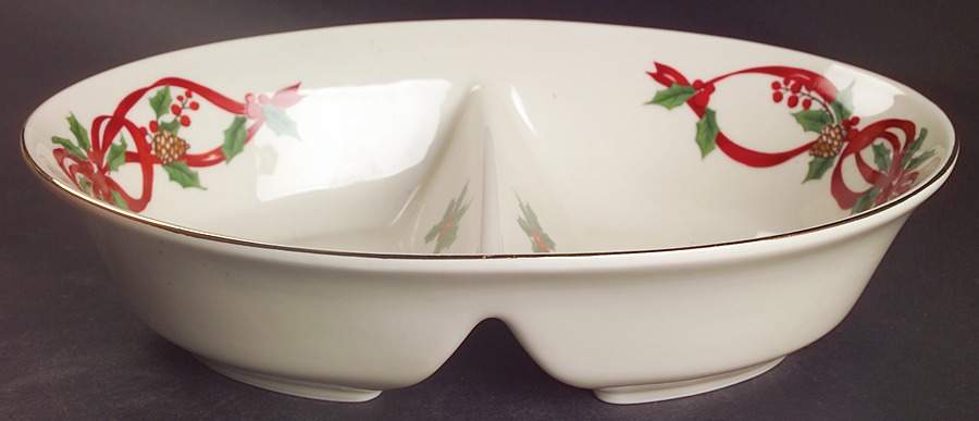 12 Days of Christmas (Red Ribbons, Gold Trim) 10" Oval Divided Vegetable Bowl by Noble Excellence-1