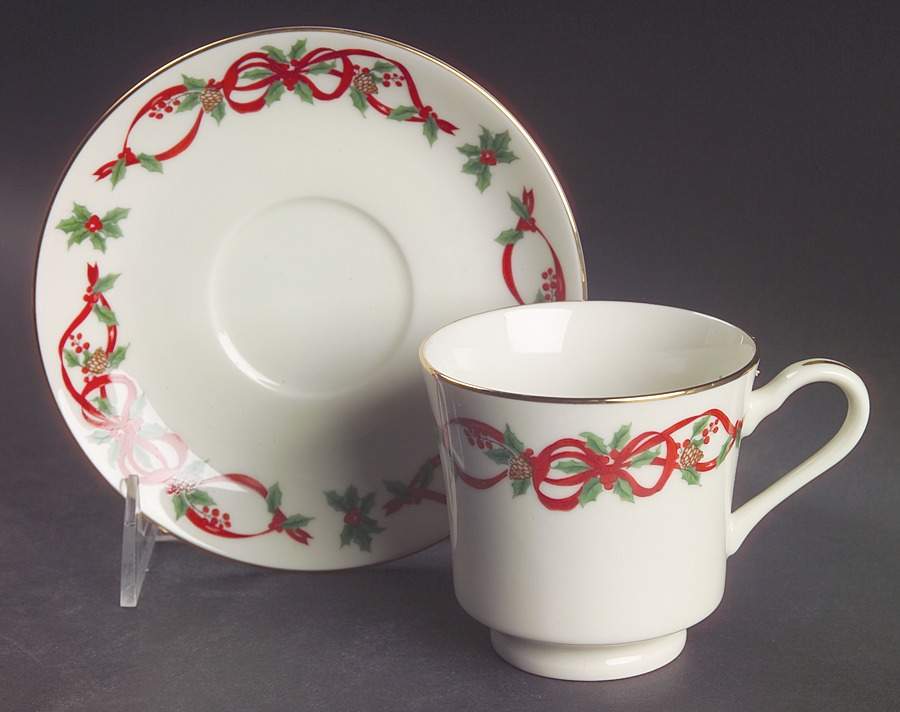12 Days of Christmas (Red Ribbons, Gold Trim) Footed Cup & Saucer Set by Noble Excellence-1