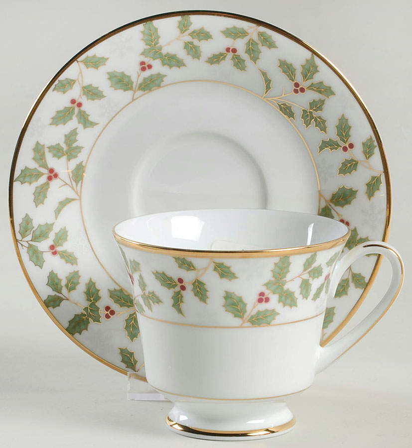 Holly and Berry Gold Footed Cup & Saucer Set by Noritake-1
