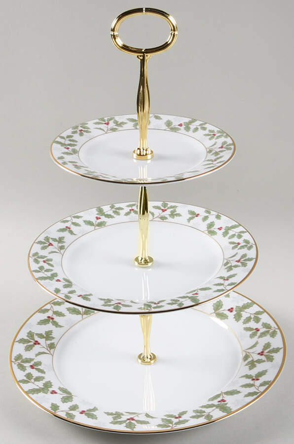 Holly and Berry Gold 13 7/8"-14 1/4" 3-Tiered Serving Tray(DP,SP,BB) HC by Noritake-1