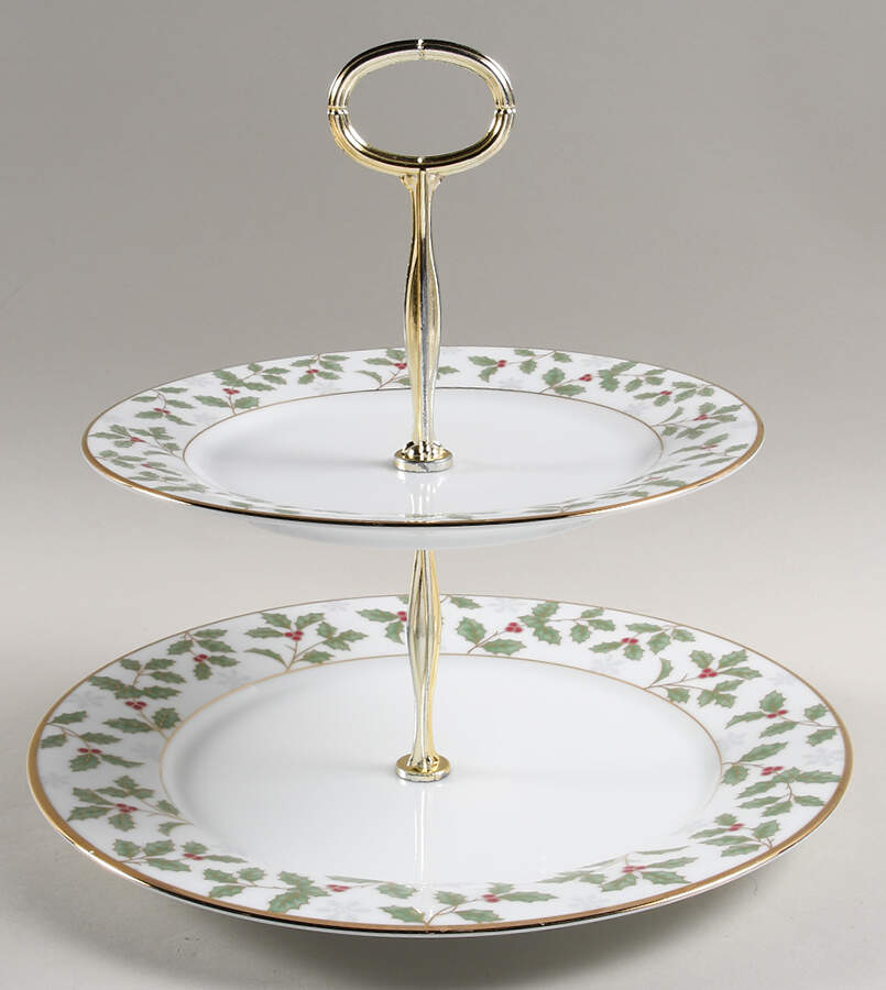 Holly and Berry Gold 6 5/8"-10"  2 Tiered Serving Tray (Dp, Sp) HC by Noritake-1