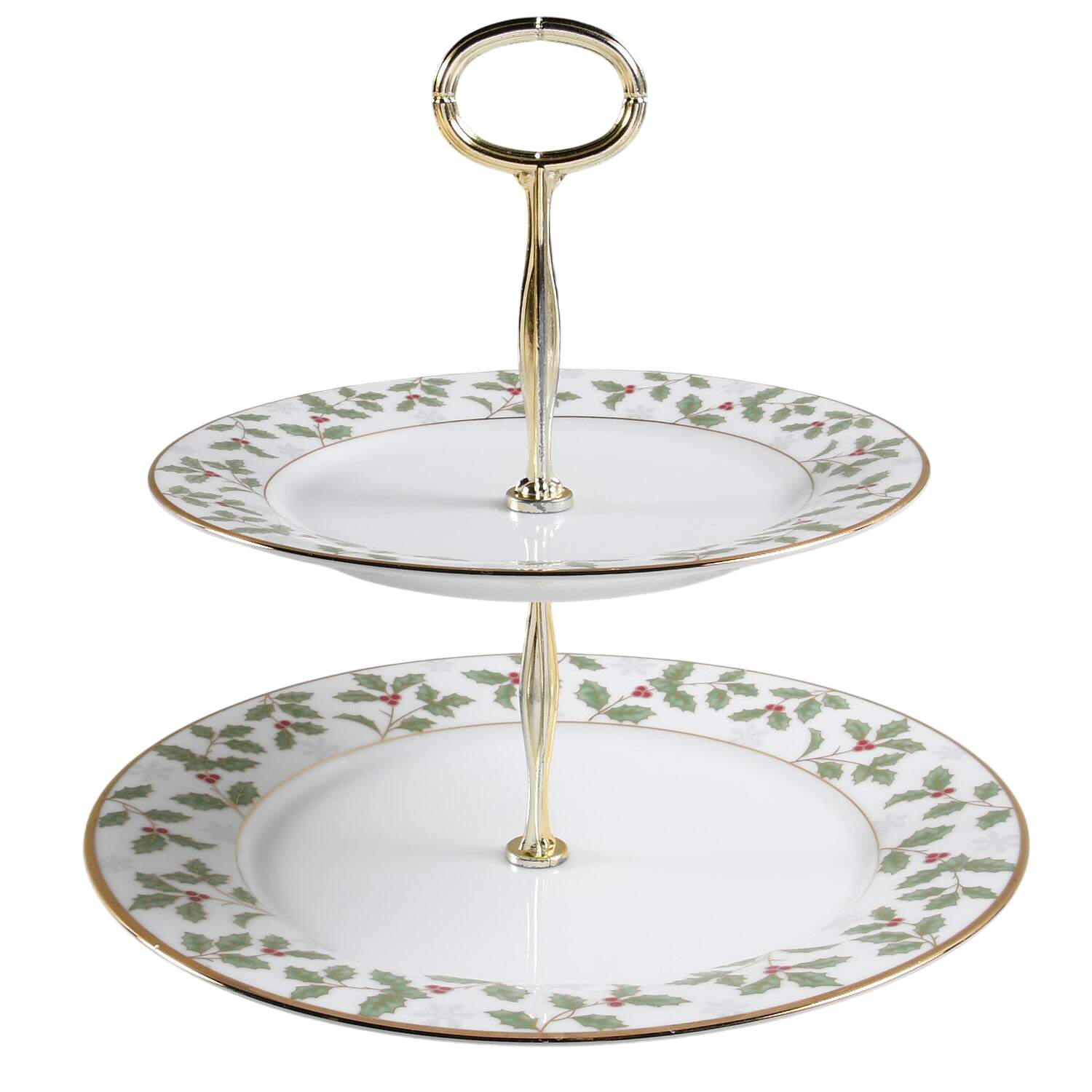 Holly and Berry Gold 6 5/8"-10"  2 Tiered Serving Tray (Dp, Sp) HC by Noritake-1
