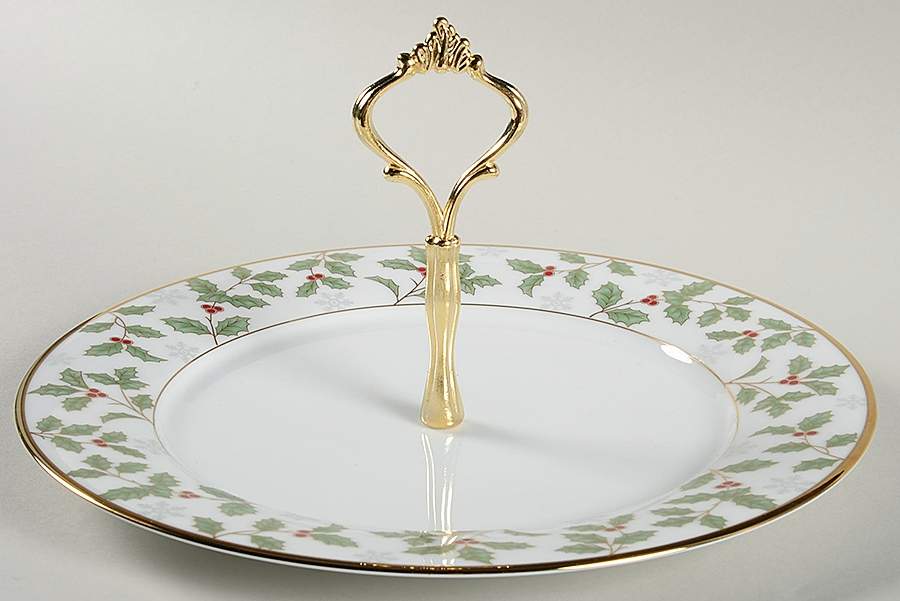 Holly and Berry Gold Round Serving Plate with Handle (DP) by Noritake-1