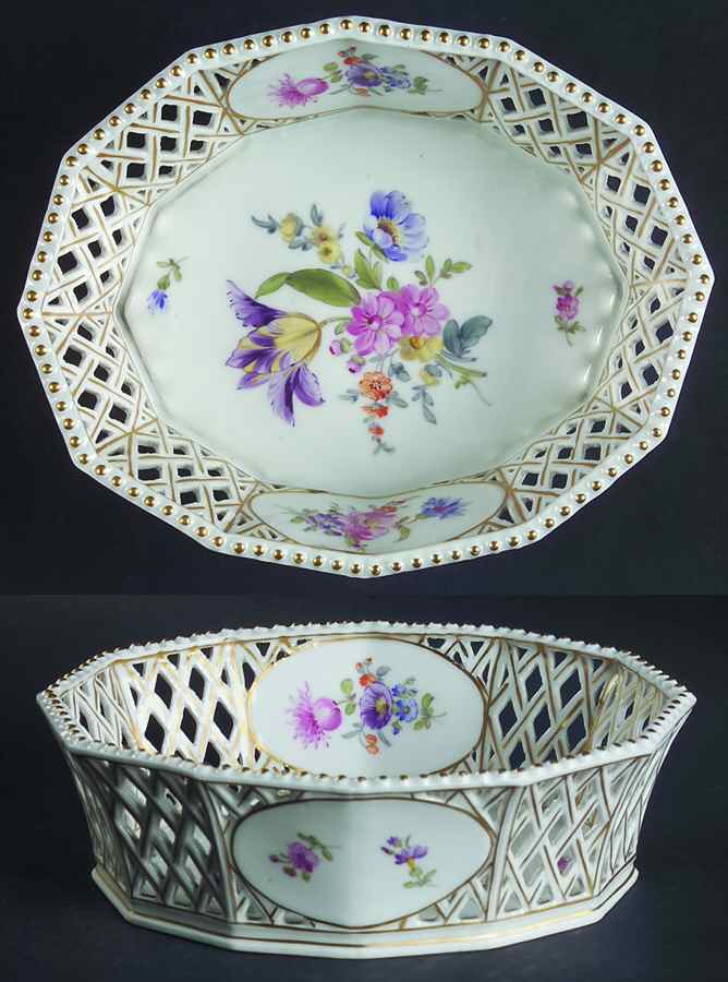 1012 (Pierced, Gold Trim) 7" Pierced Oval Bowl by Nymphenburg-1