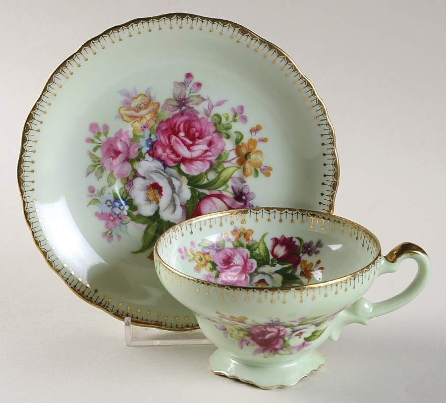 French Bouquet Footed Cup & Saucer Set by Norcrest-1