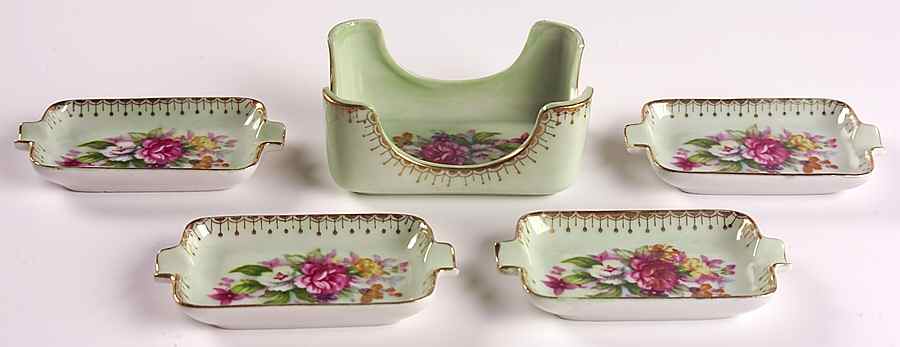 French Bouquet Ashtray Set with Holder (4 Ashtrays & Holder) by Norcrest-1