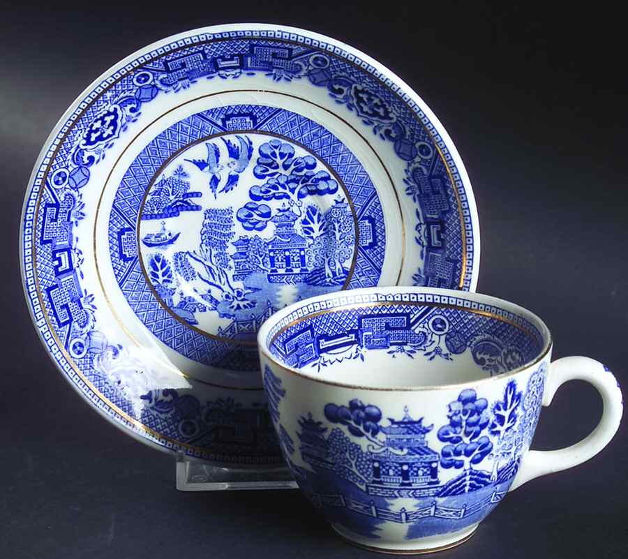 Willow Blue (Gold Trim) Flat Cup & Saucer Set by North Stafforsdhire-1