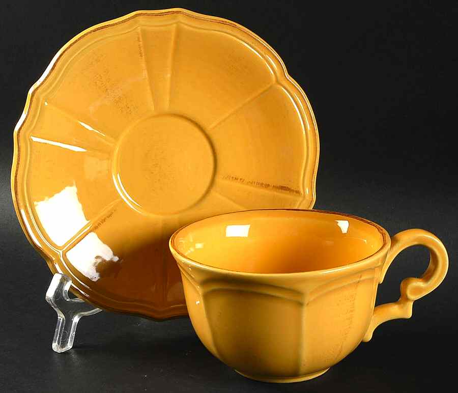 Maintenon Patine Yellow Flat Cup & Saucer Set by Niderviller (France)-1