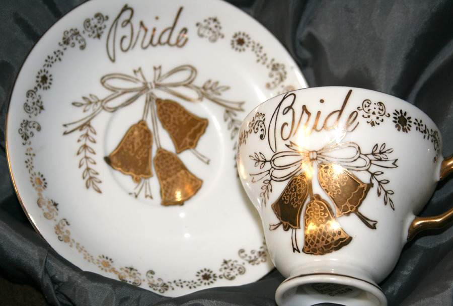 Bride and Groom Footed Cup & Saucer Set by Norcrest-1