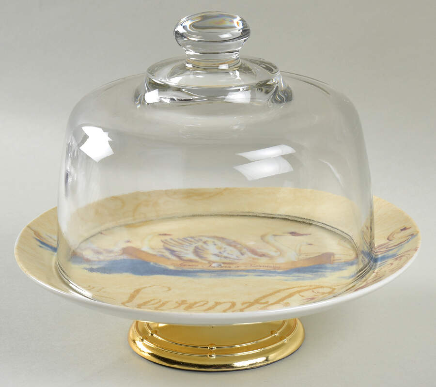 12 Days of Christmas (Gold Scrolls, No Trim) 6 1/2"-7 1/2" Footed Cheese Plate w/ Glass Dome HC by Noble Excellence-1