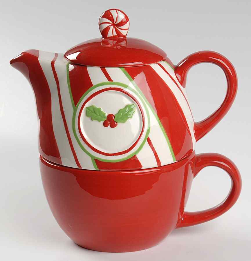 Holiday Peppermint Individual Teapot & Lid with Cup by North Pole Trading Co.-1