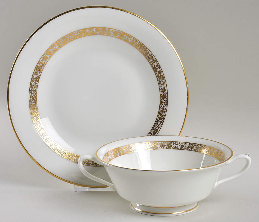 Golden Glen Footed Cream Soup Bowl & Saucer Set by Oxford (Div of Lenox)-1